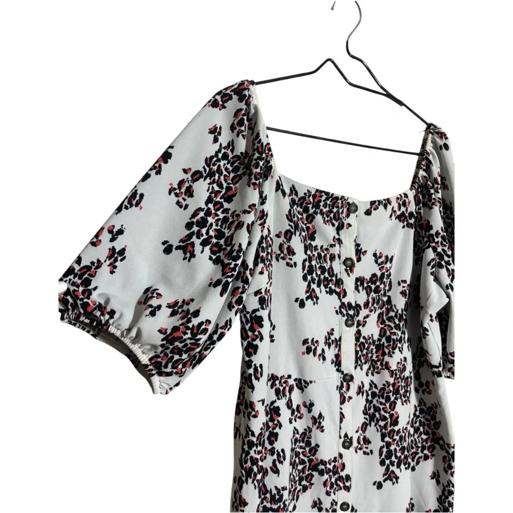 Ophelia Roe Lightweight Balloon Sleeve Chic Floral Black/White/Red Midi Dress